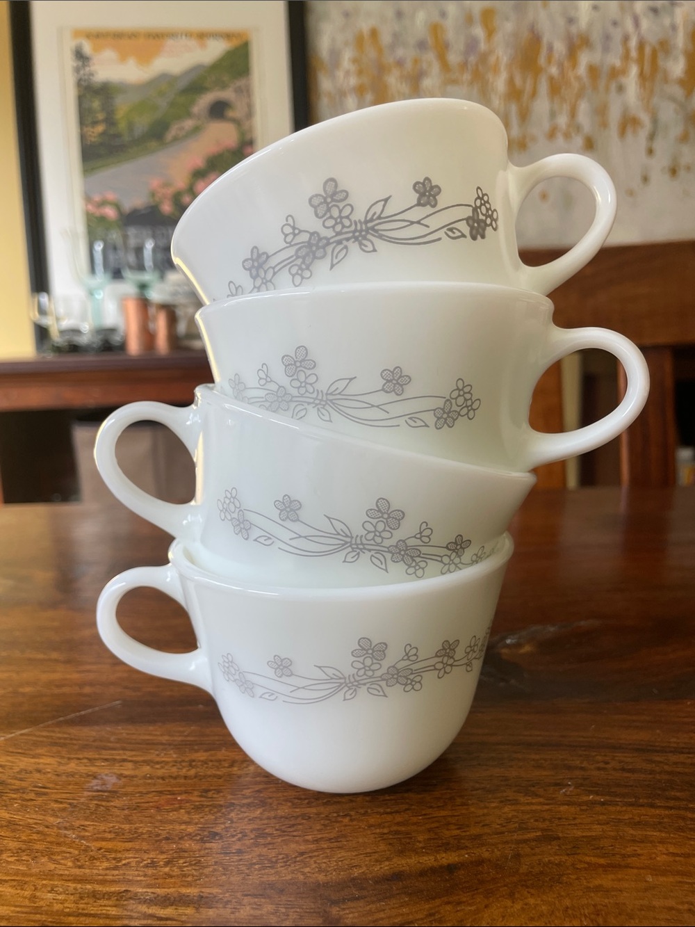 4 PYREX Tea Cups Teacups Vintage “Ribbon Bouquet” Delicate Gray Floral Design